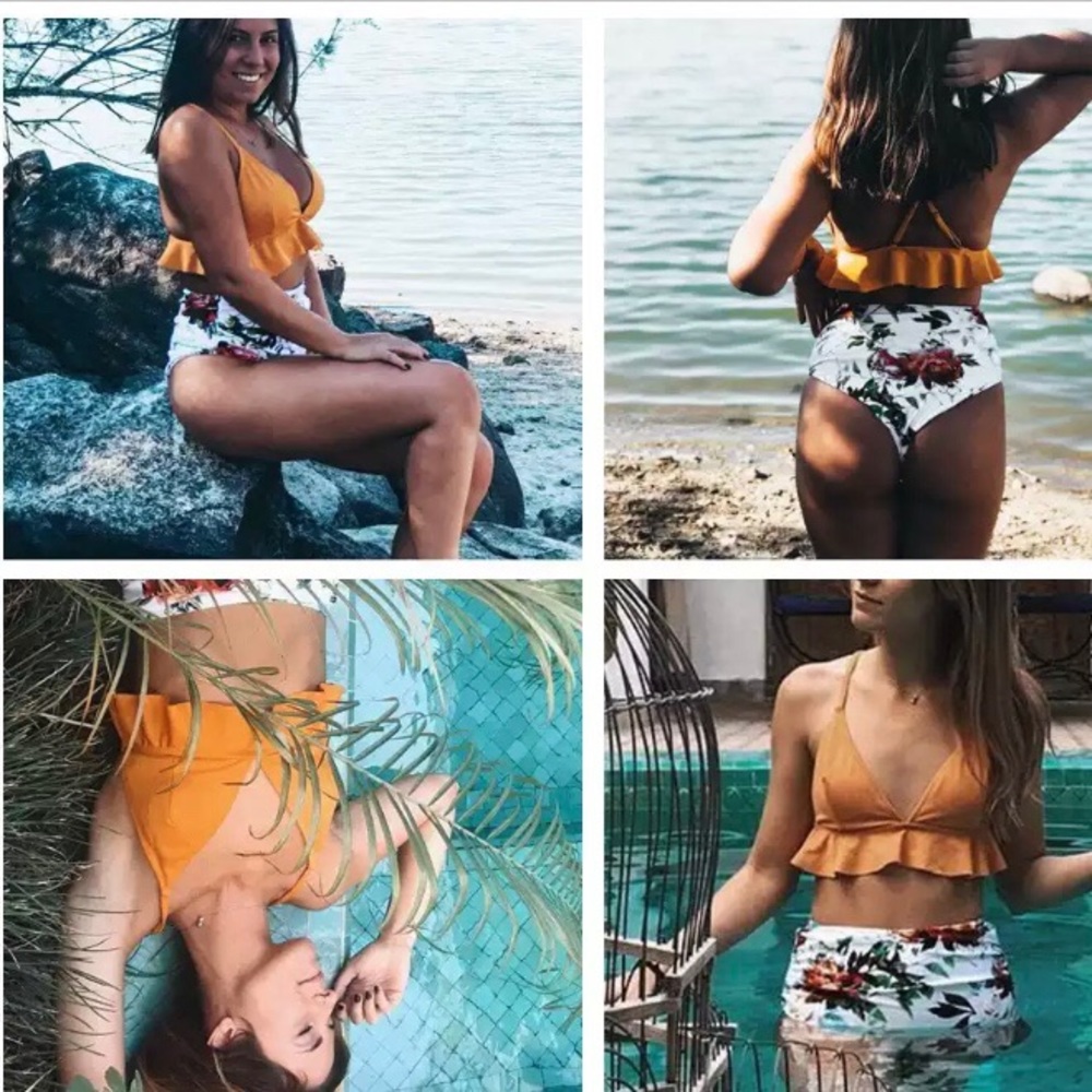 Cupshe Mustard Floral Print High Waist Bikini NWT